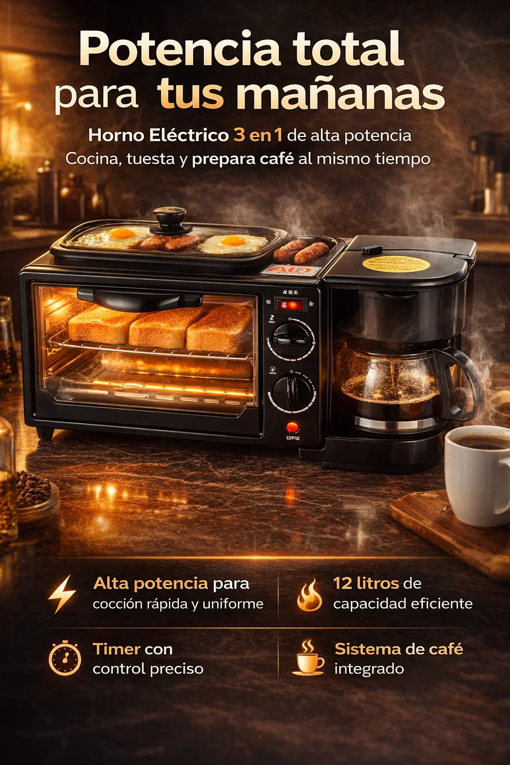 Horno 3 en 1-Desayunos completos en minutos ☕🍳🔥