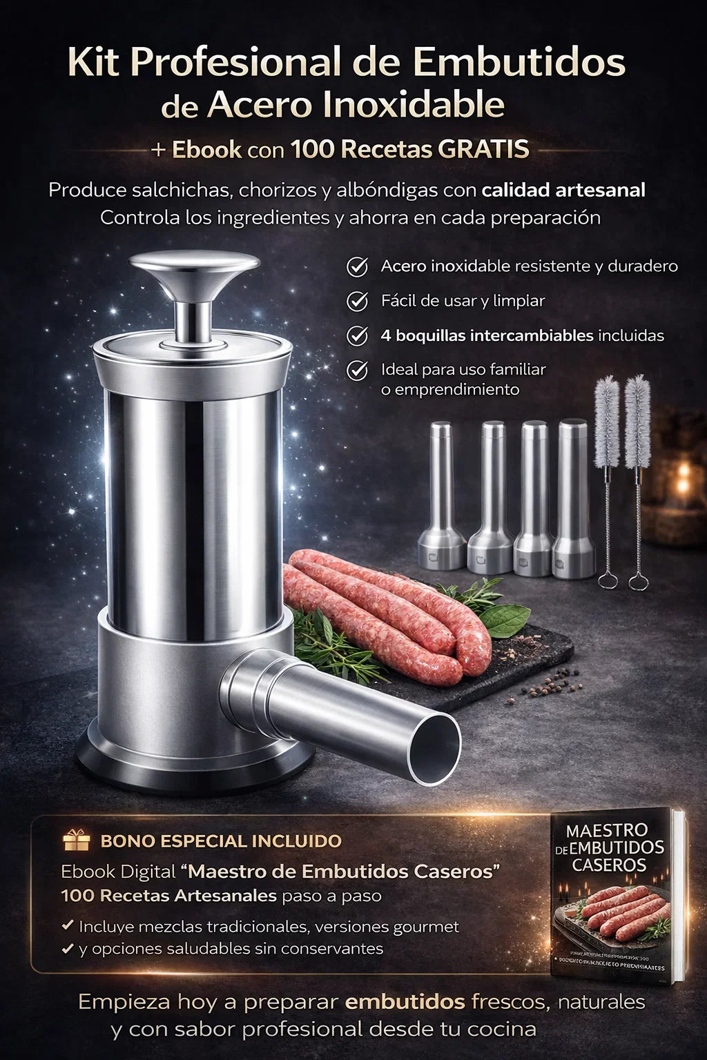 Embutidora ProMaster-¡Salchichas caseras como un chef! 🍽️✨