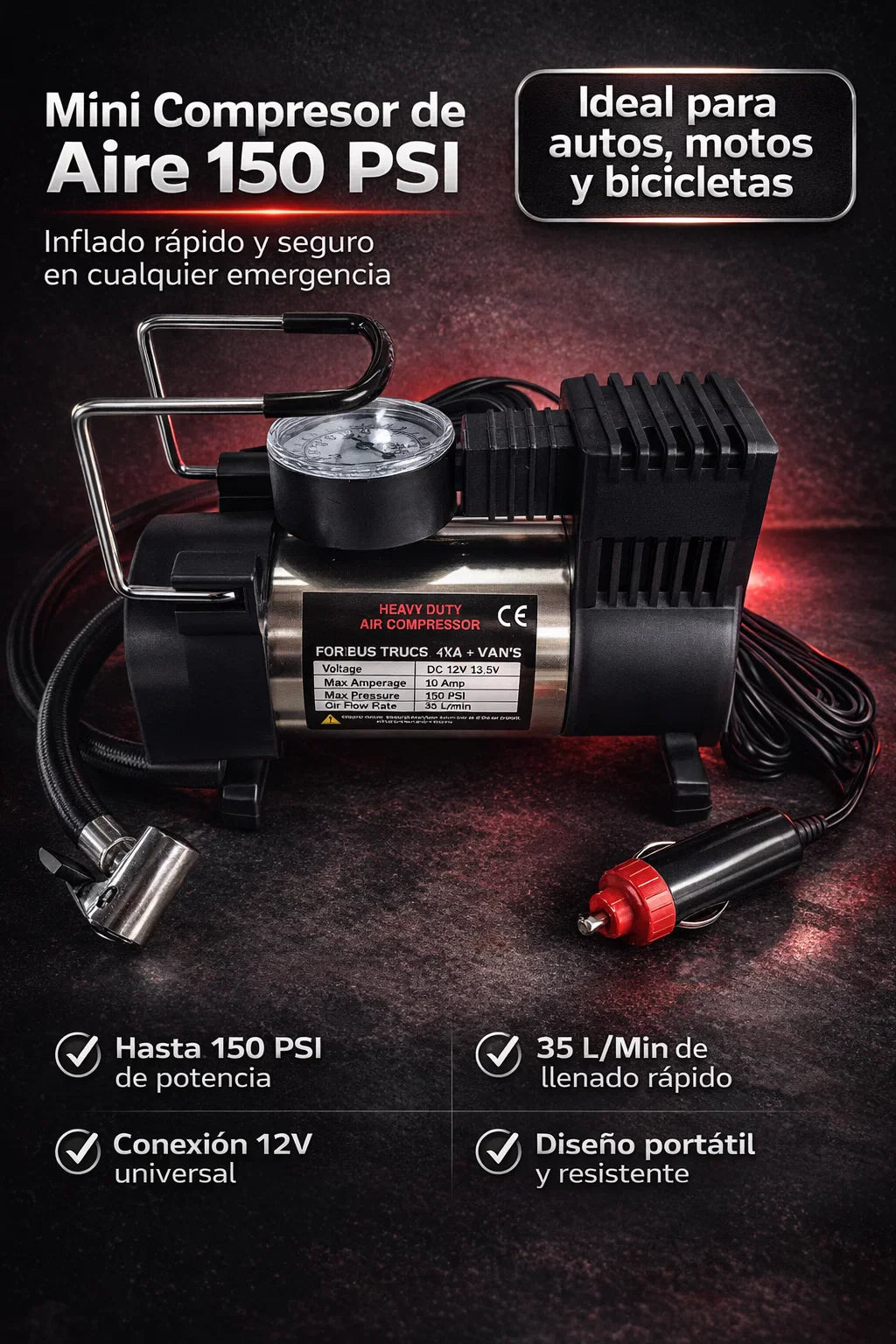 Compresor Automotriz Portátil-Potencia inmediata con 4 accesorios incluidos🚗⚡