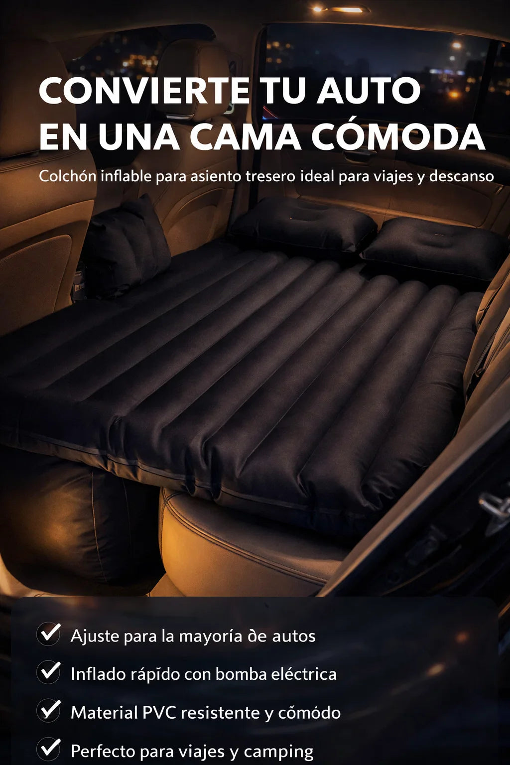 Colchón Inflable💤🚗para auto con 3 accesorios incluidos para máximo confort